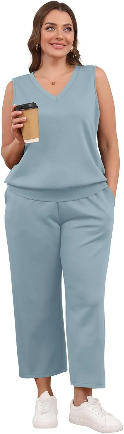 WIHOLL Two Piece Set for Women Summer Outfits Vacation Trendy Lounge Sets V Neck Matching Sets