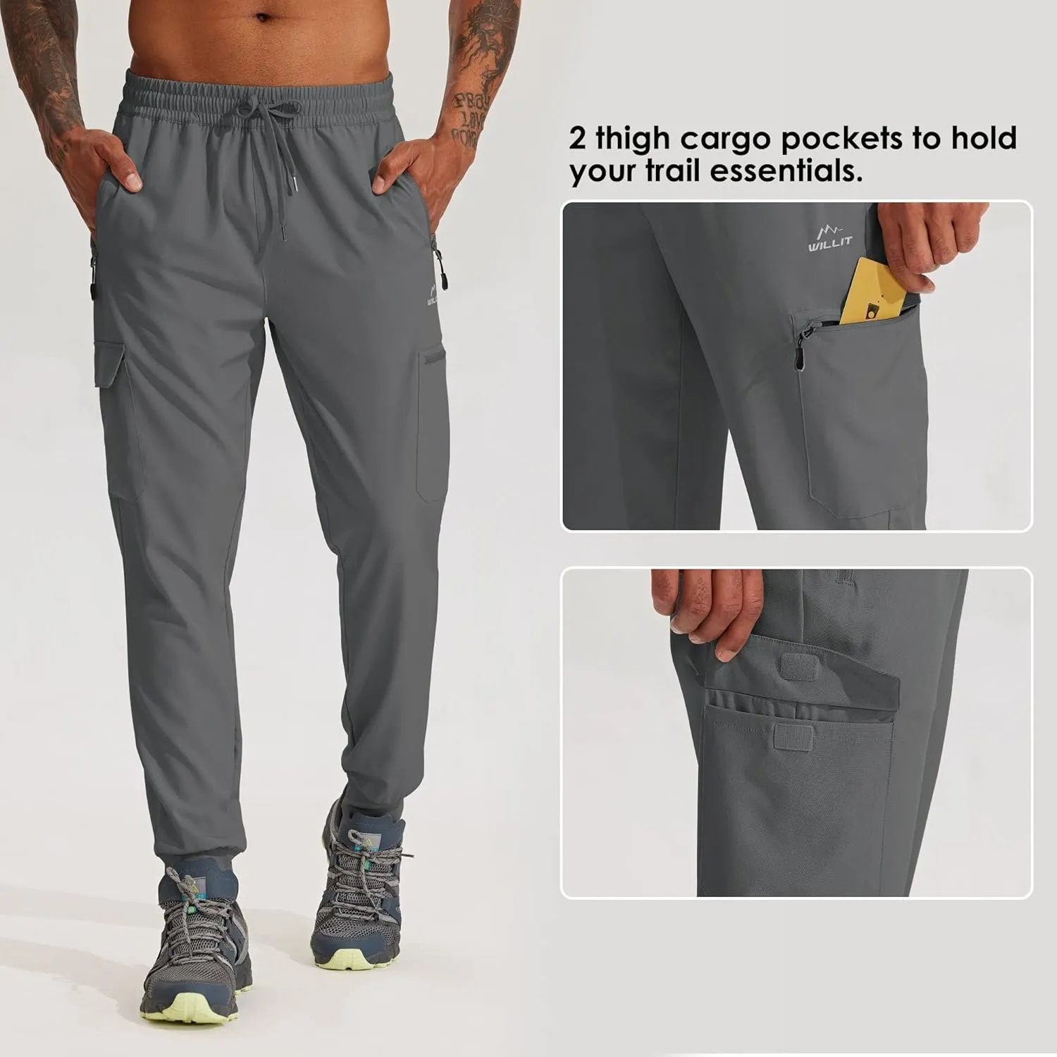 Willit Men's Hiking Joggers Travel Athletic Pants Lightweight Quick Dry Outdoor Running Pants with Zipper Pockets