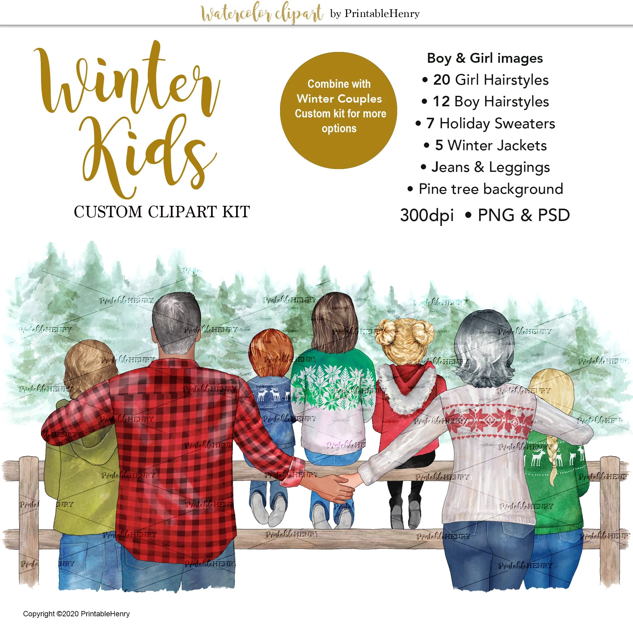 Winter Kids Custom watercolor clipart