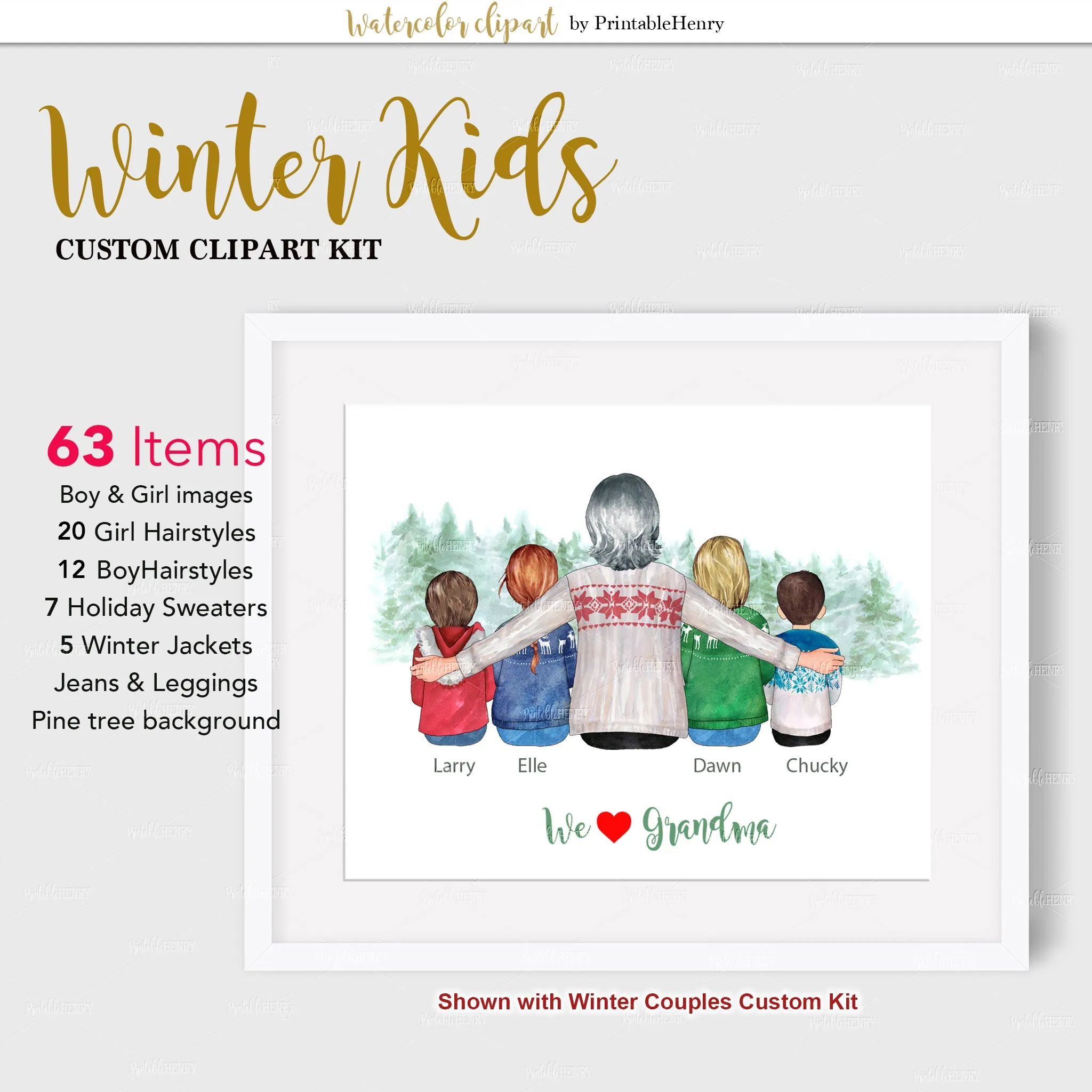 Winter Kids Custom watercolor clipart
