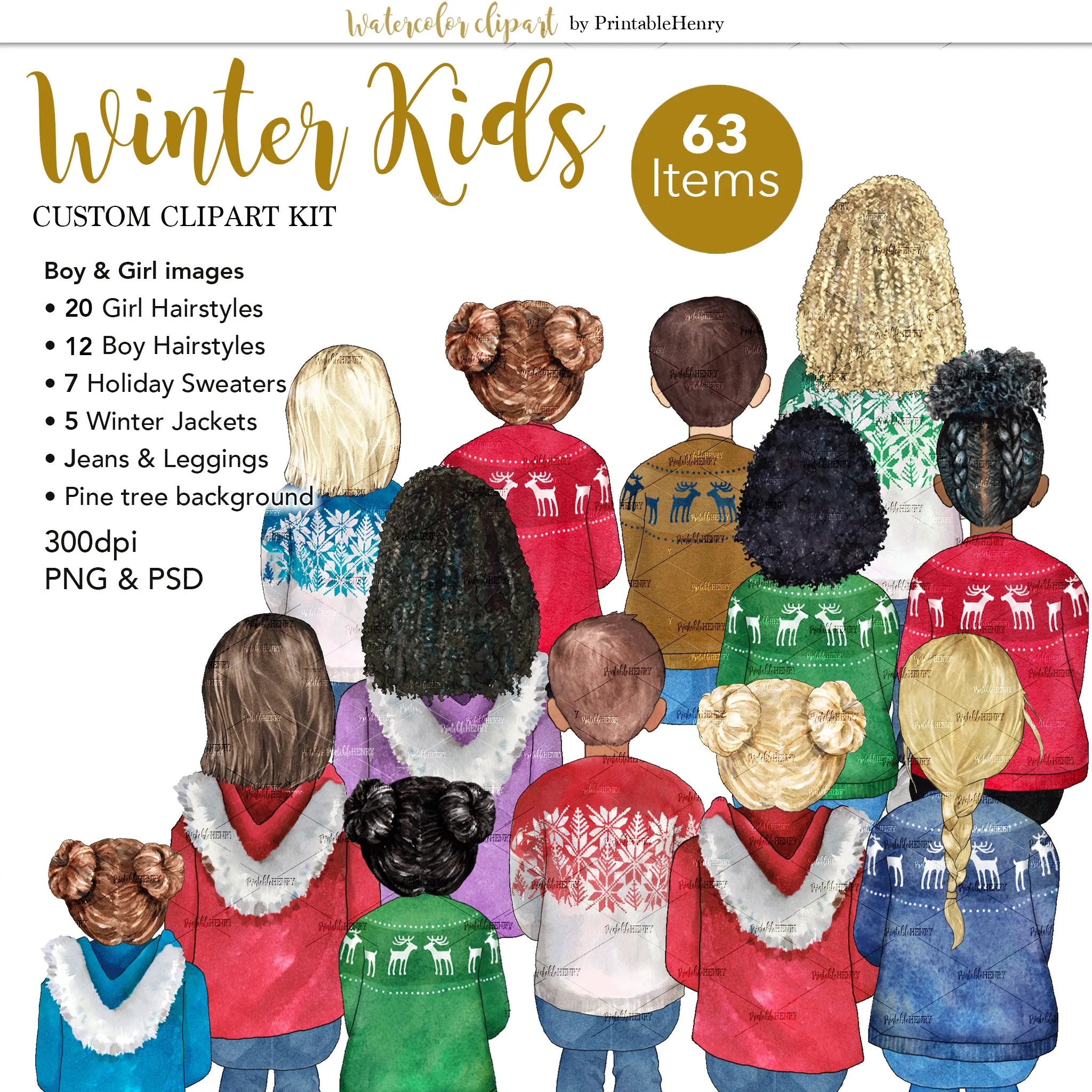 Winter Kids Custom watercolor clipart