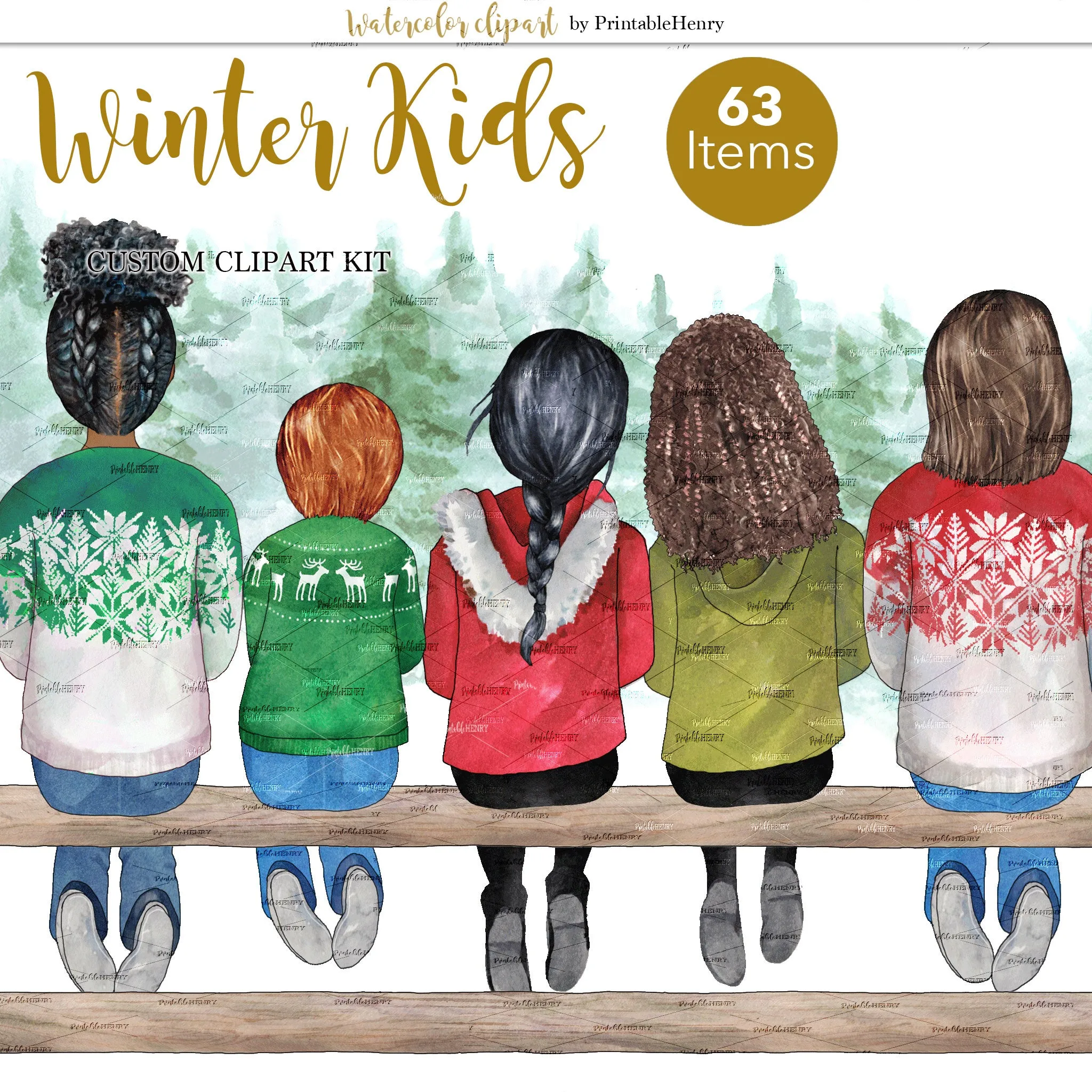 Winter Kids Custom watercolor clipart