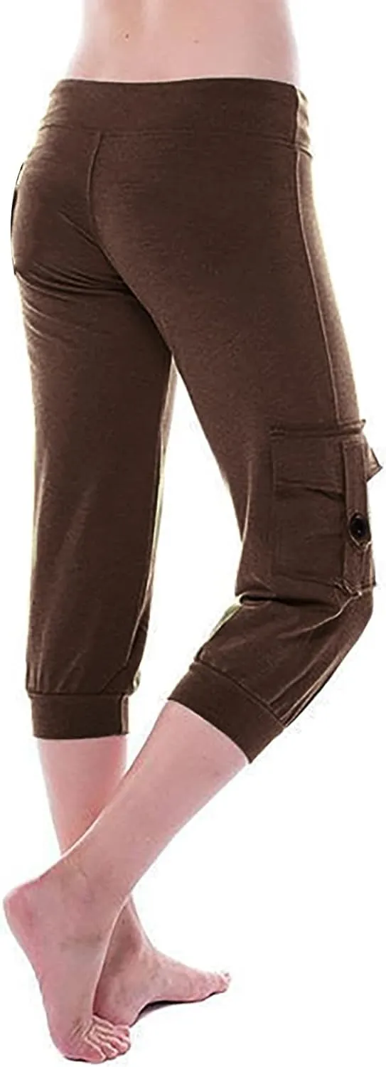 Wkishenl Capri Pants for Women Summer 2025 Drawstring Elastic High Waist Cargo Pants with Pockets Solid Color Button Joggers