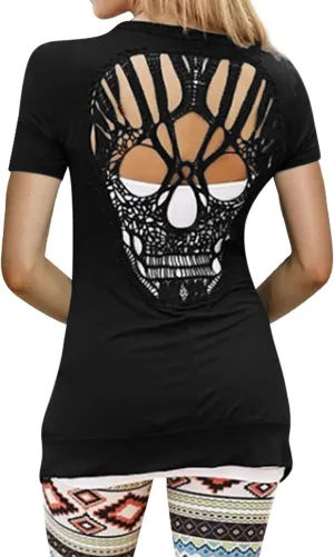 WLLW Women Skull Cardigan Tops Short Sleeve Open Front Back Cutout Shirts Sexy Gothic Cardigan
