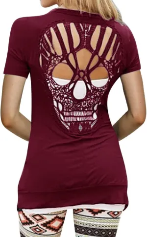WLLW Women Skull Cardigan Tops Short Sleeve Open Front Back Cutout Shirts Sexy Gothic Cardigan