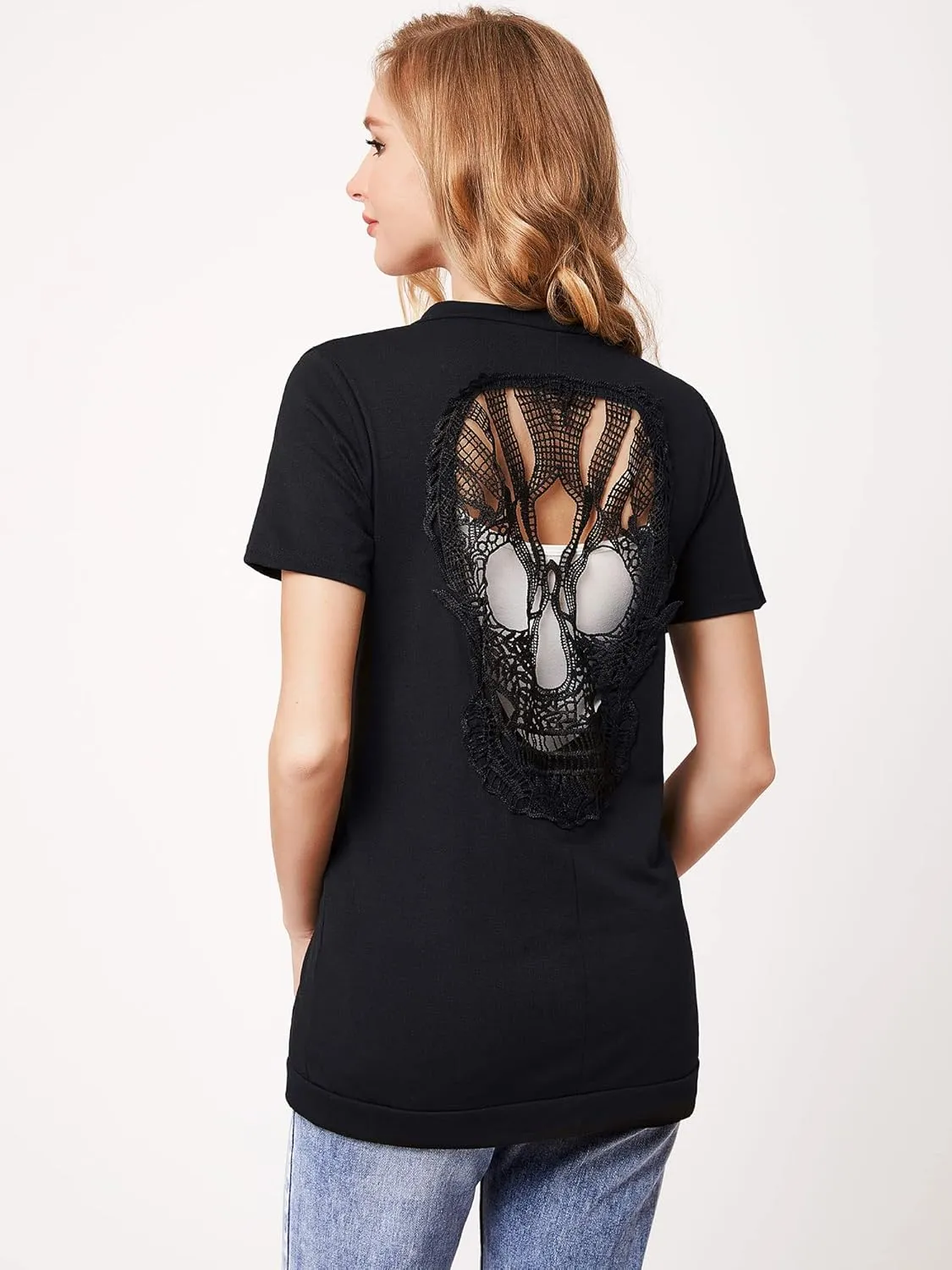 WLLW Women Skull Cardigan Tops Short Sleeve Open Front Back Cutout Shirts Sexy Gothic Cardigan