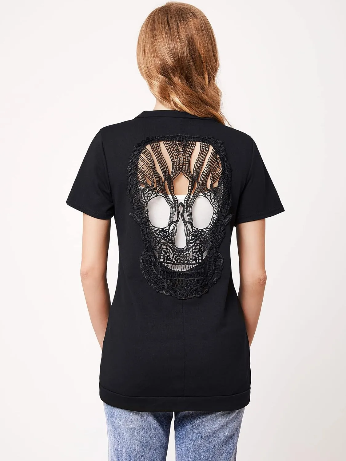 WLLW Women Skull Cardigan Tops Short Sleeve Open Front Back Cutout Shirts Sexy Gothic Cardigan