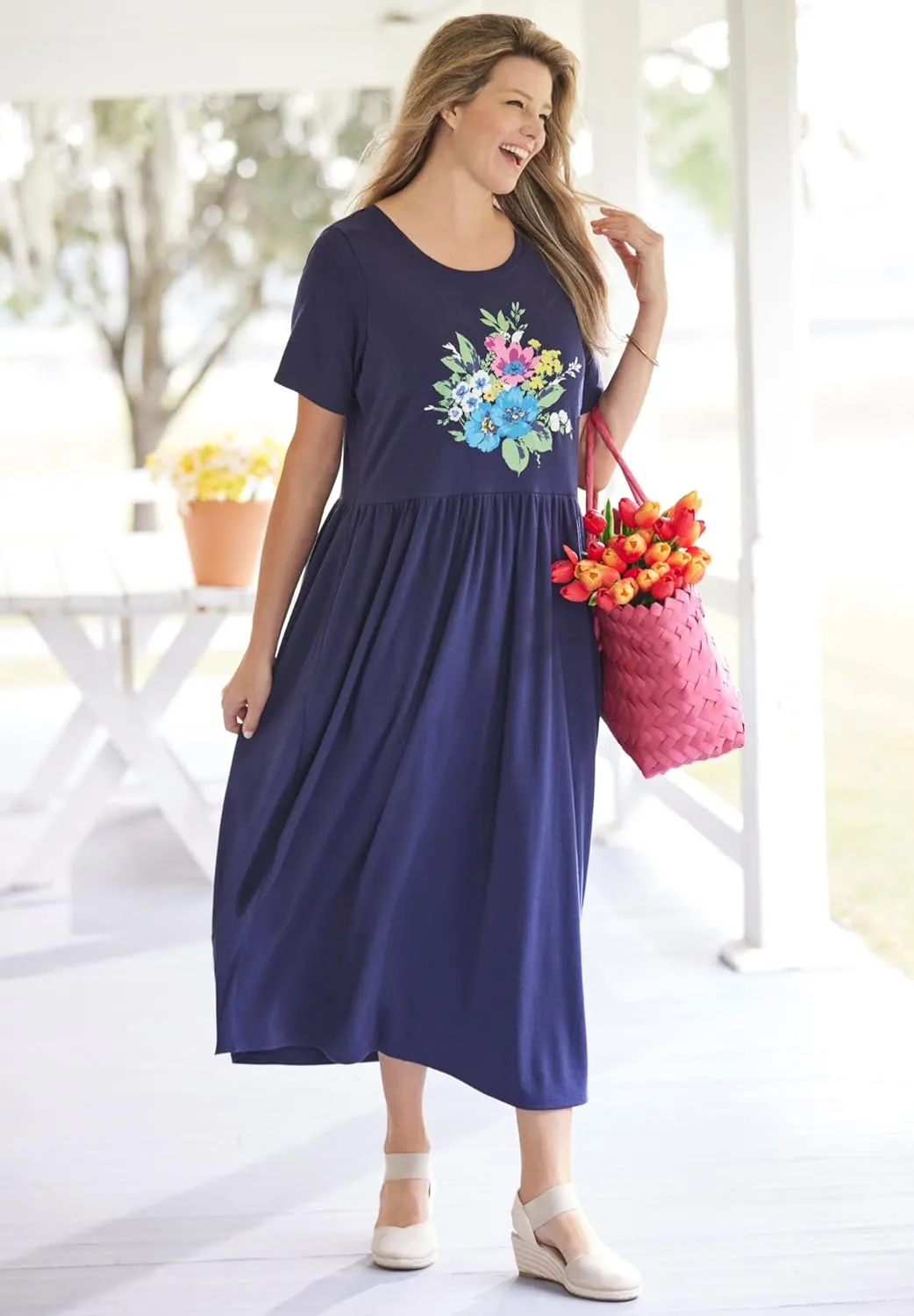 Woman Within Plus Size Short-Sleeve Scoopneck Empire Waist Dress