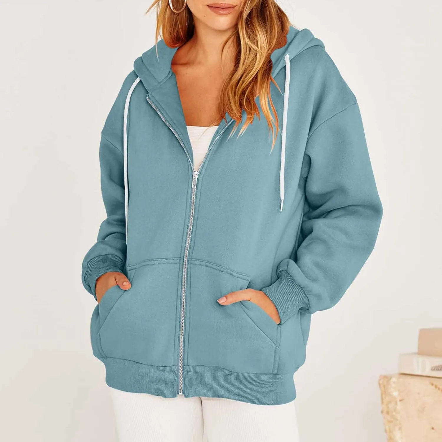 Women 2024 Zip Up Oversized Sweatshirt Long Sleeve Jackets Comfort Casual Sweaters Y2K Trendy Fall Fashion Clothes