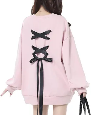 Women Back Lace Up Sweatshirt Long Sleeve Crew Neck Pullover Cute Style Outwear