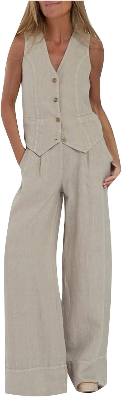 Women Blazer Set Sleeveless V Neck Vest Top Waistcoat Wide Leg Pants 2 Piece Linen Vest Suit Dressy Matching Sets