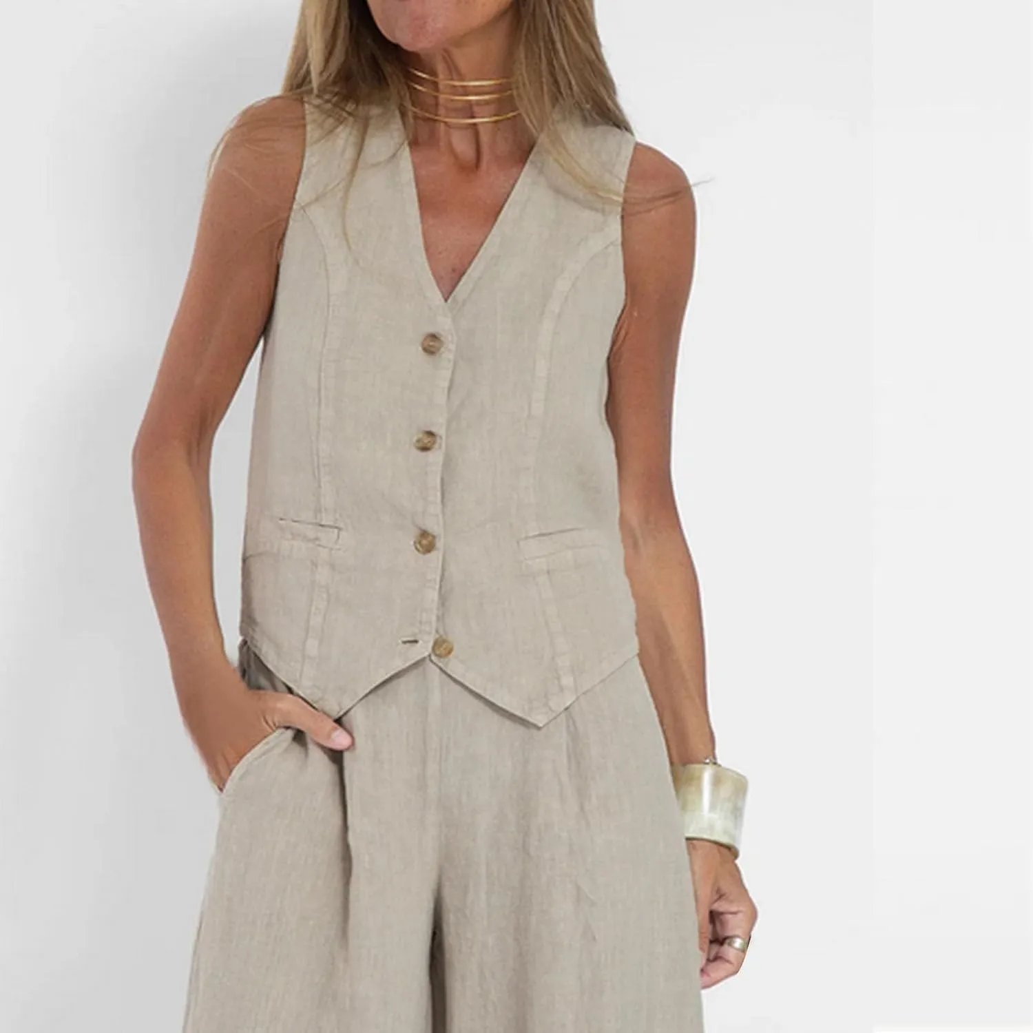 Women Blazer Set Sleeveless V Neck Vest Top Waistcoat Wide Leg Pants 2 Piece Linen Vest Suit Dressy Matching Sets
