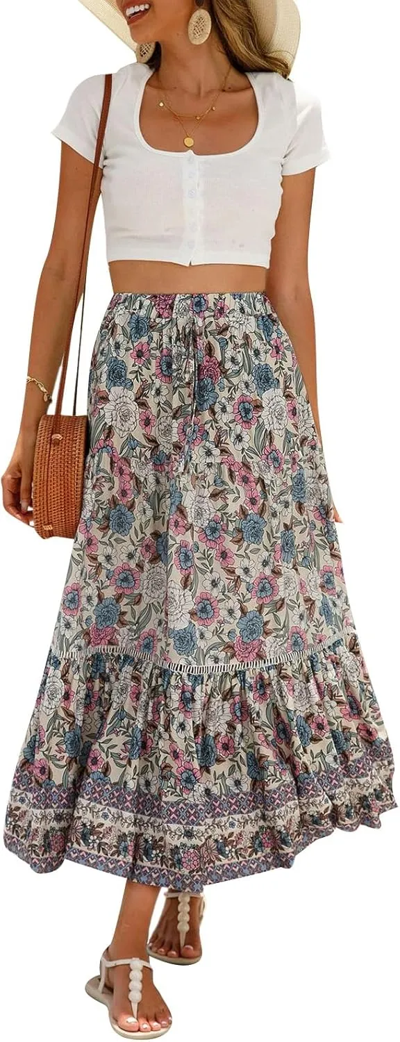 Women Bohemian Print Long Maxi Skirt Floral Casual High Waist Flowy Skirts Summer Beach Boho A Line Swing Skirt