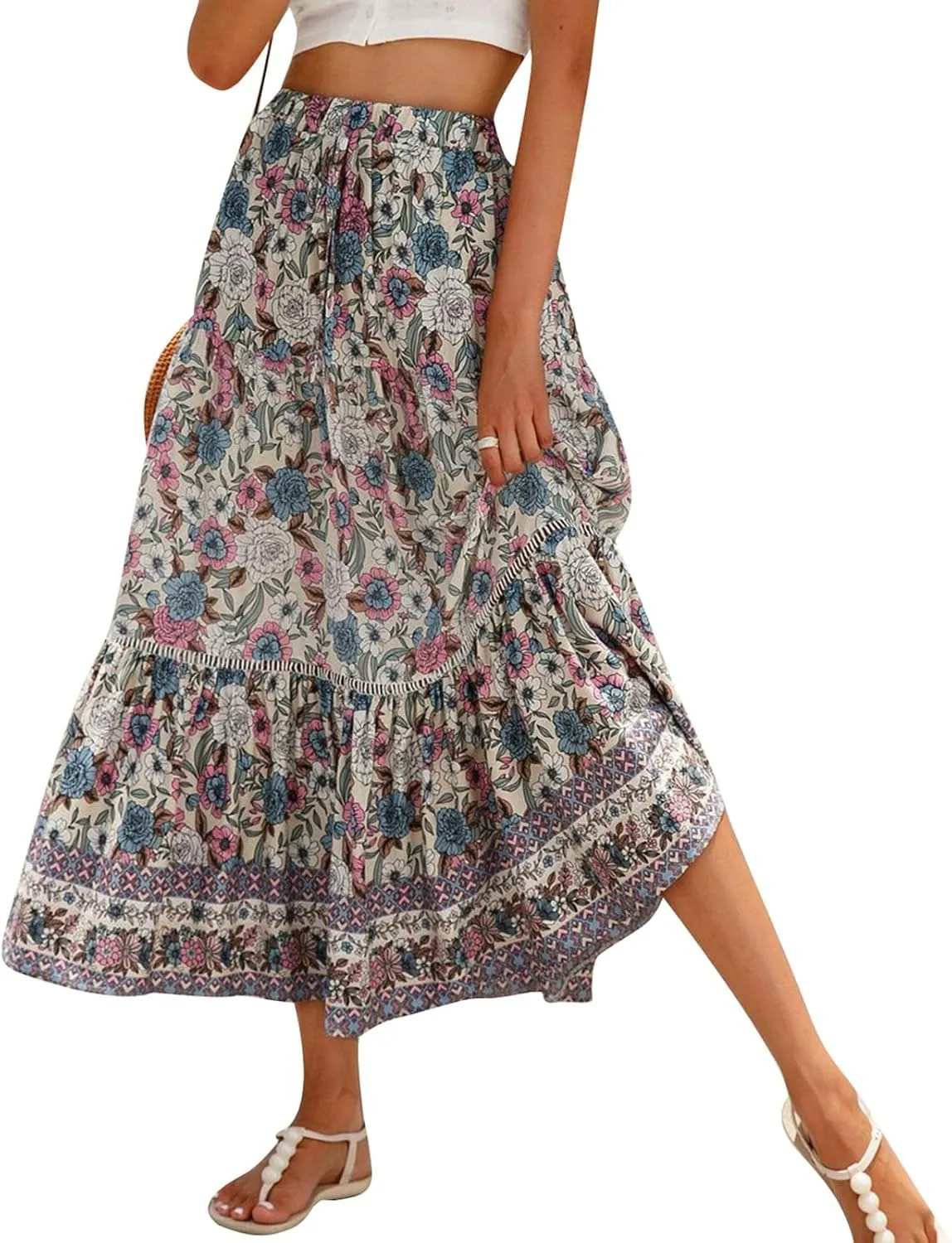 Women Bohemian Print Long Maxi Skirt Floral Casual High Waist Flowy Skirts Summer Beach Boho A Line Swing Skirt