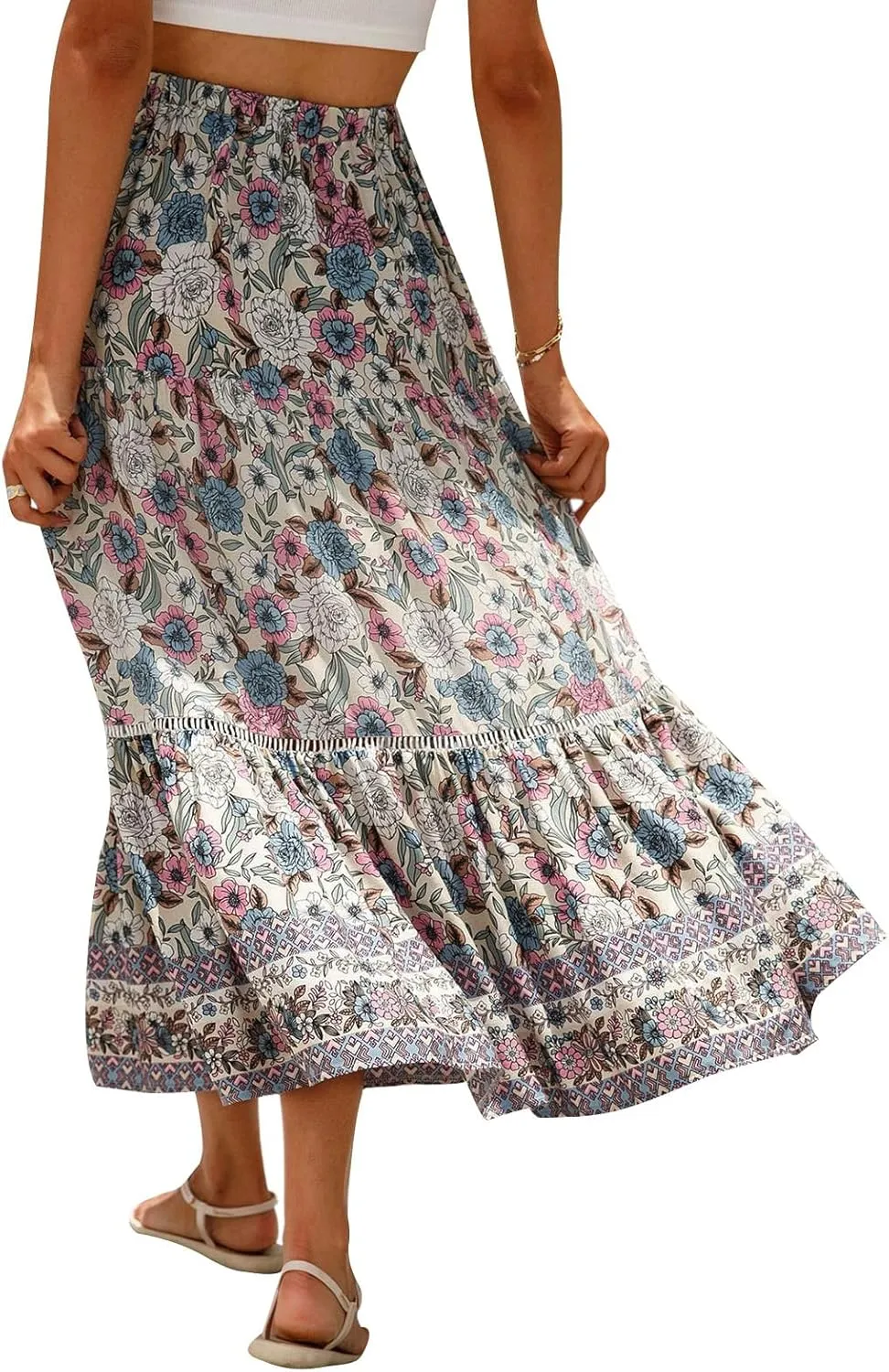 Women Bohemian Print Long Maxi Skirt Floral Casual High Waist Flowy Skirts Summer Beach Boho A Line Swing Skirt