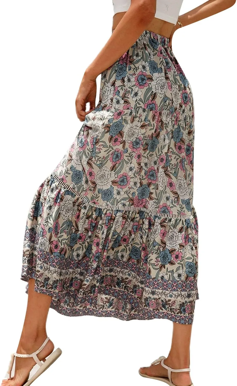 Women Bohemian Print Long Maxi Skirt Floral Casual High Waist Flowy Skirts Summer Beach Boho A Line Swing Skirt
