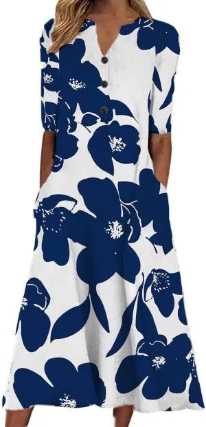 Women Boho Floral Print Midi Dress Summer Short Sleeve V Neck A-Line Dresses 2025 Casual Fashion Beach Shirt Dress