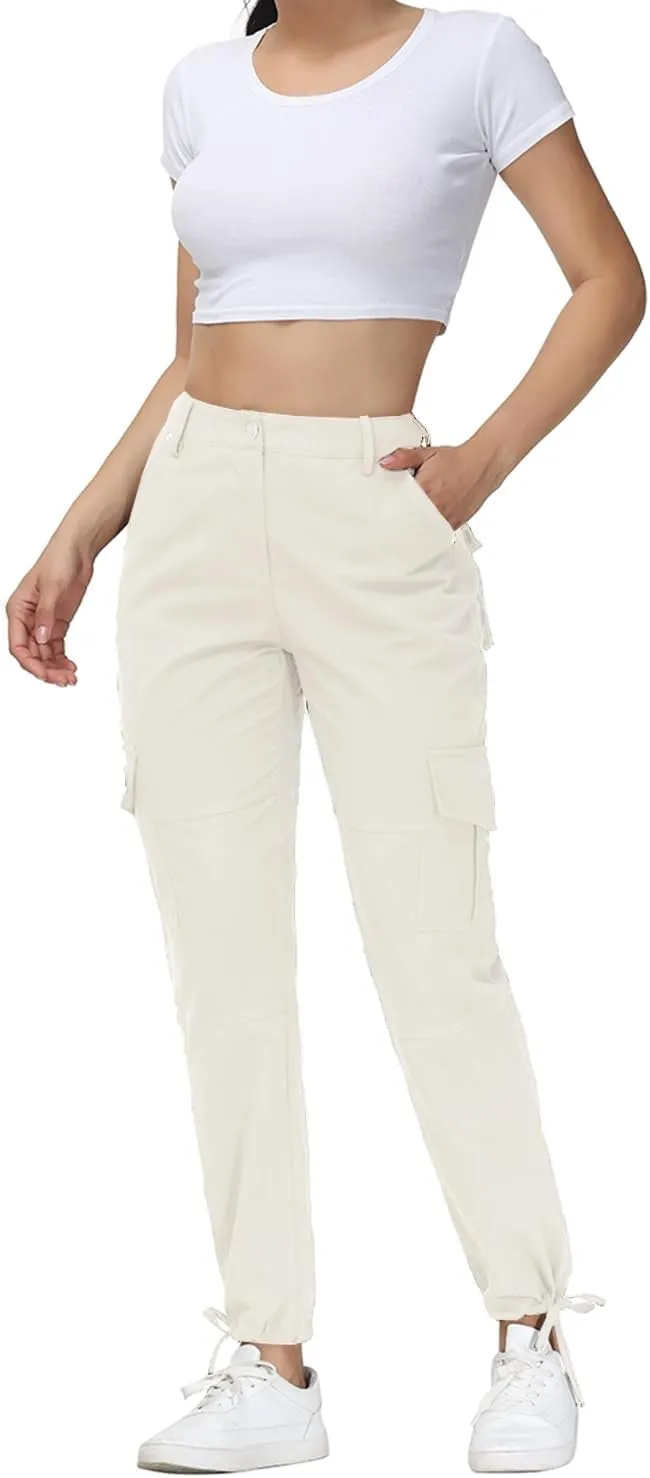 Women Cargo Pants High Waisted Casual Hiking Joggers Pants Adjustable Waist Cargos with 6 Pockets