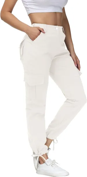 Women Cargo Pants High Waisted Casual Hiking Joggers Pants Adjustable Waist Cargos with 6 Pockets