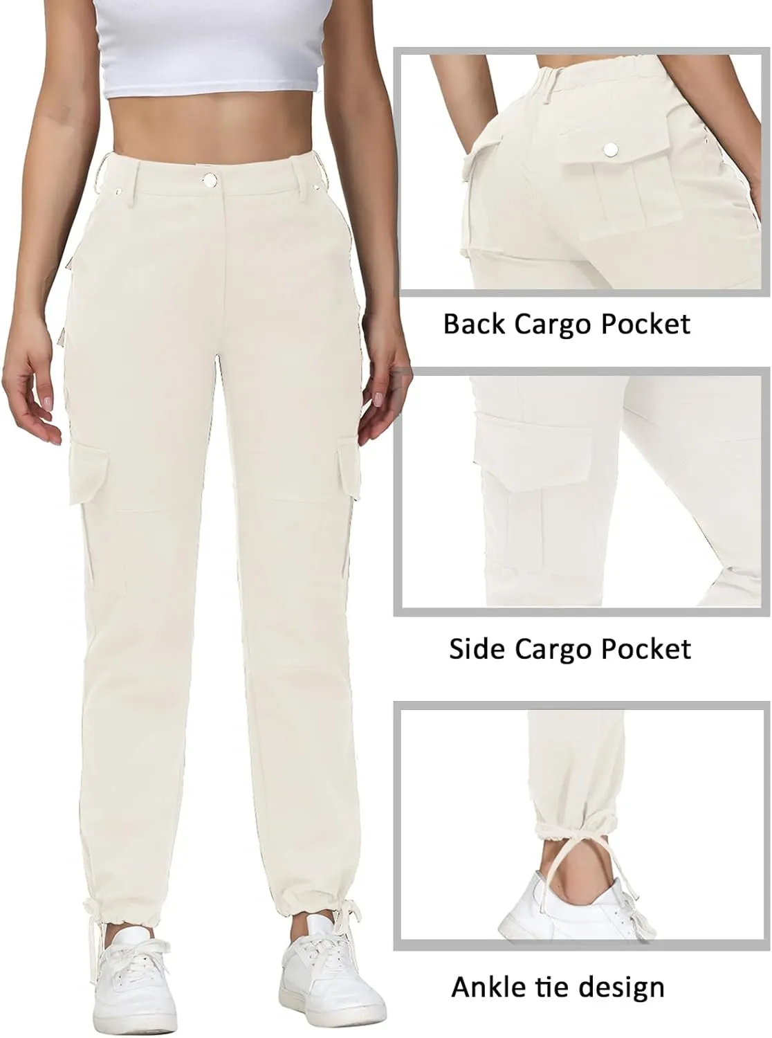 Women Cargo Pants High Waisted Casual Hiking Joggers Pants Adjustable Waist Cargos with 6 Pockets