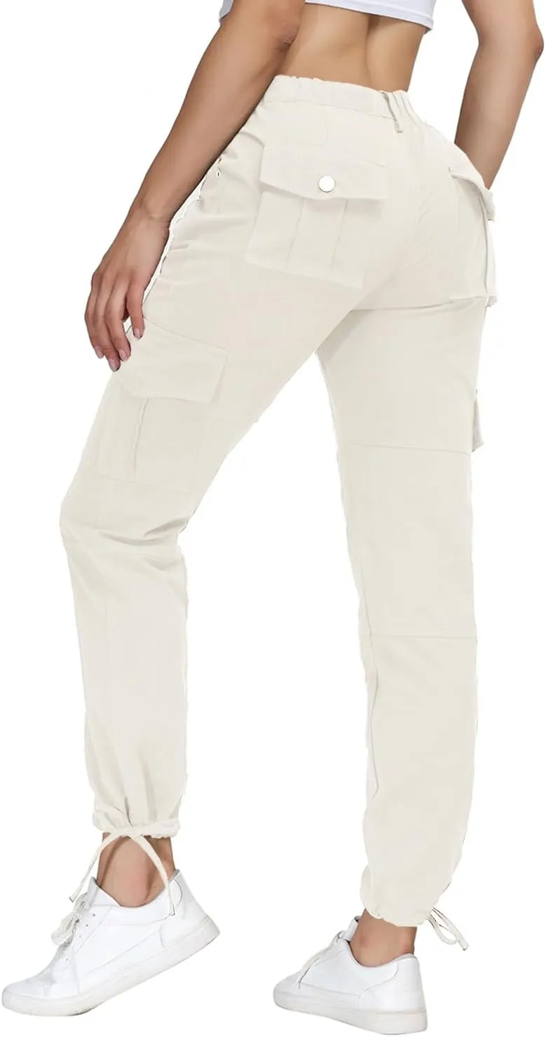 Women Cargo Pants High Waisted Casual Hiking Joggers Pants Adjustable Waist Cargos with 6 Pockets
