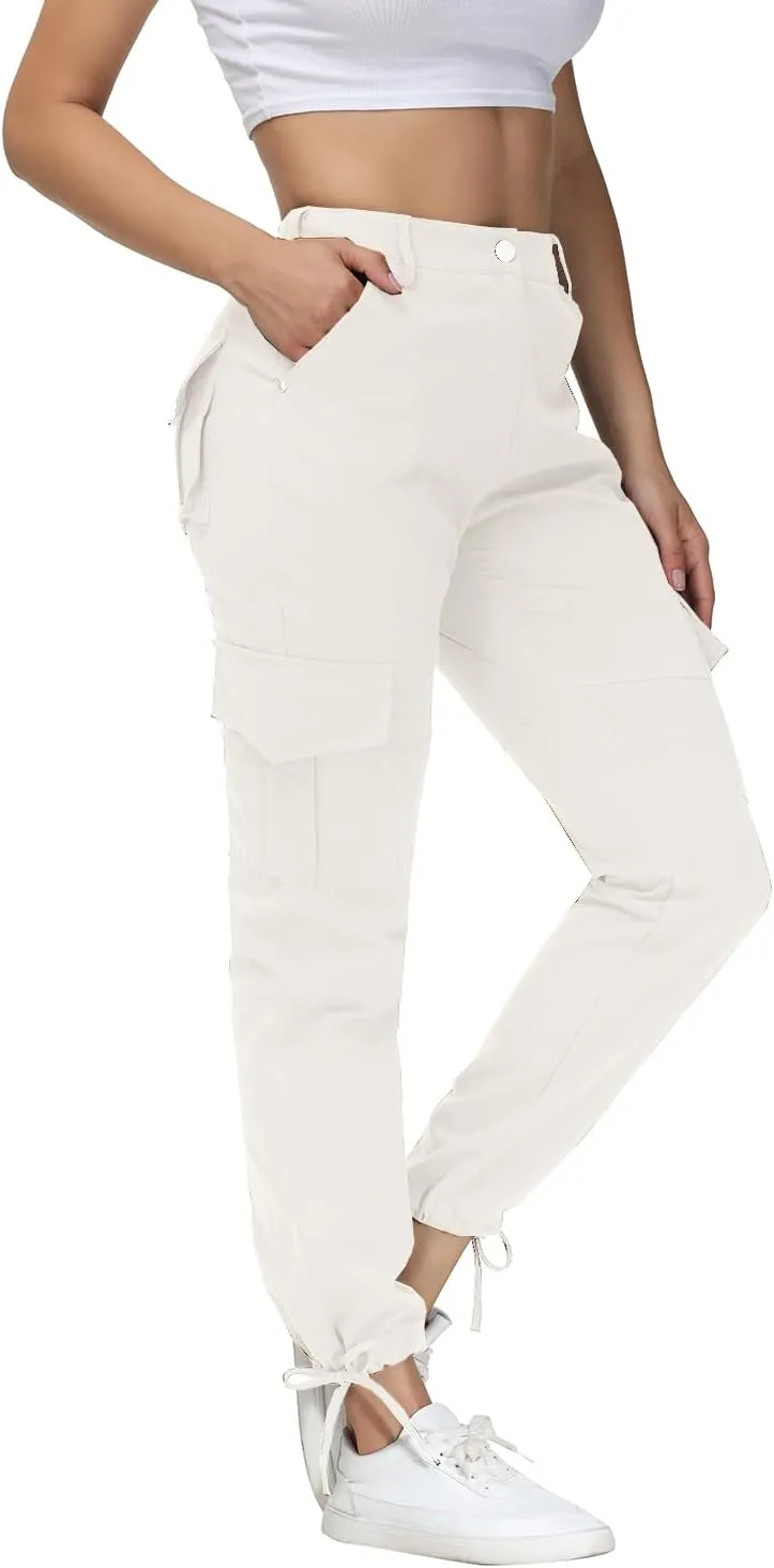 Women Cargo Pants High Waisted Casual Hiking Joggers Pants Adjustable Waist Cargos with 6 Pockets