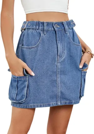 Women Denim Cargo Skirt Mini High Waisted Stretchy Button Bodycon Y2K Flap Pockets Skirts