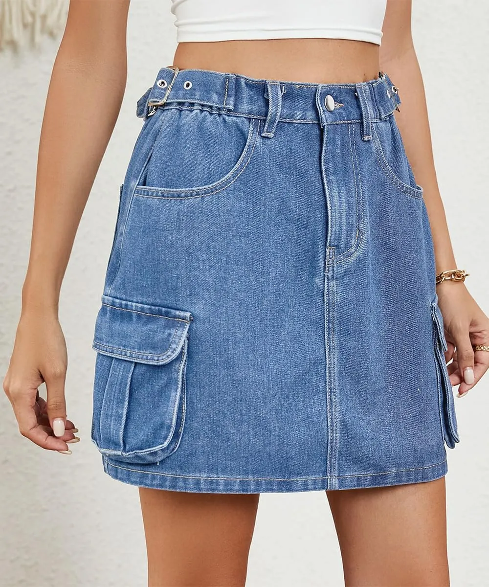 Women Denim Cargo Skirt Mini High Waisted Stretchy Button Bodycon Y2K Flap Pockets Skirts