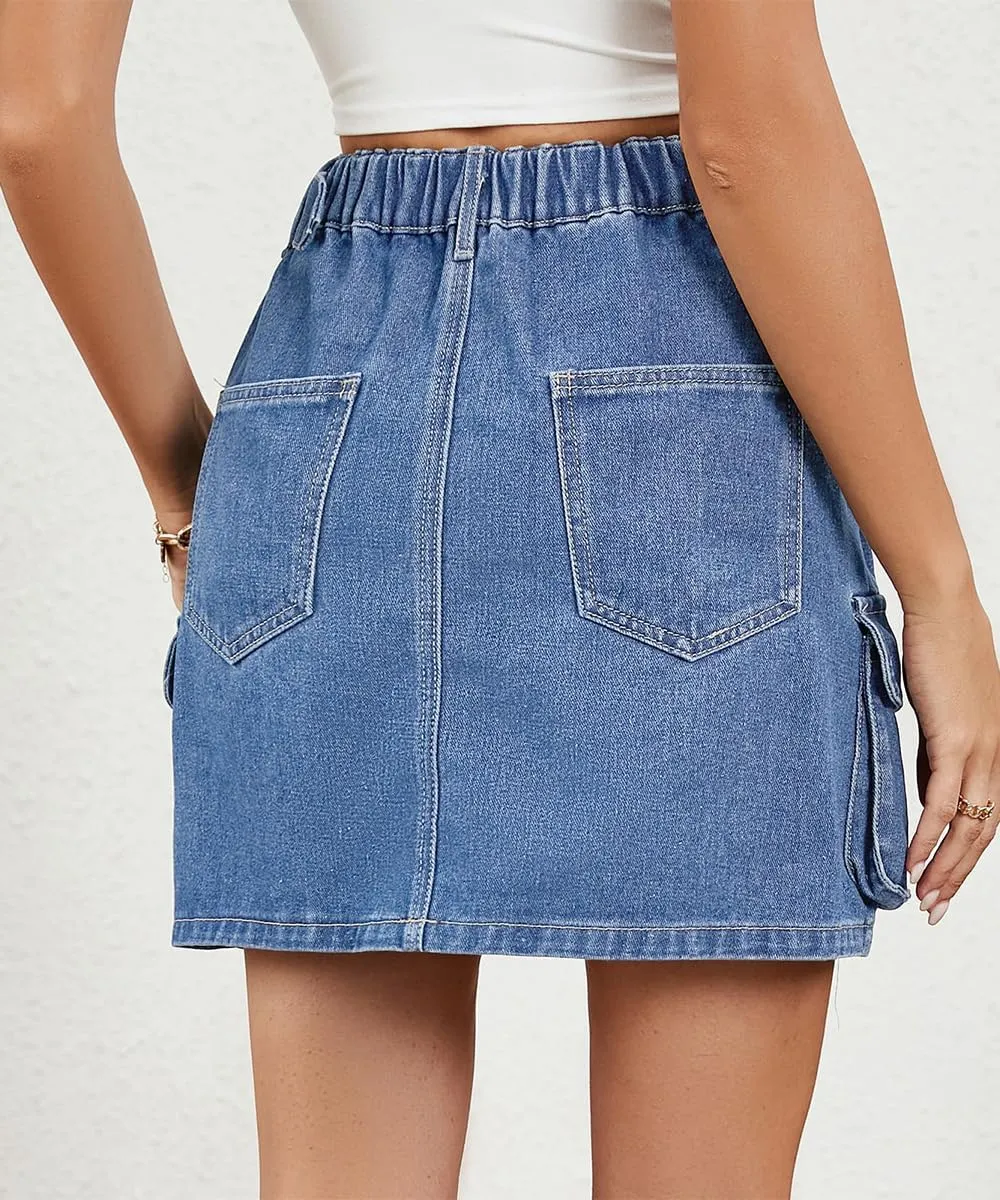 Women Denim Cargo Skirt Mini High Waisted Stretchy Button Bodycon Y2K Flap Pockets Skirts
