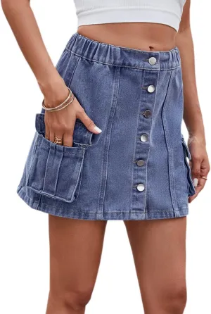 Women Denim Cargo Skirt Mini High Waisted Washed Stretchy Buttoned Bodycon Y2K Flap Pockets Skirts