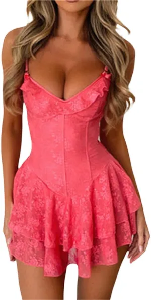 Women Floral Lace Mini Dress Sexy Spaghetti Strap Backless Cross Tie Ruffle Short Dresses Prom Party Night Out Dress