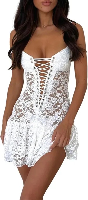 Women Floral Lace Mini Dress Sexy Spaghetti Strap Backless Cross Tie Ruffle Short Dresses Prom Party Night Out Dress