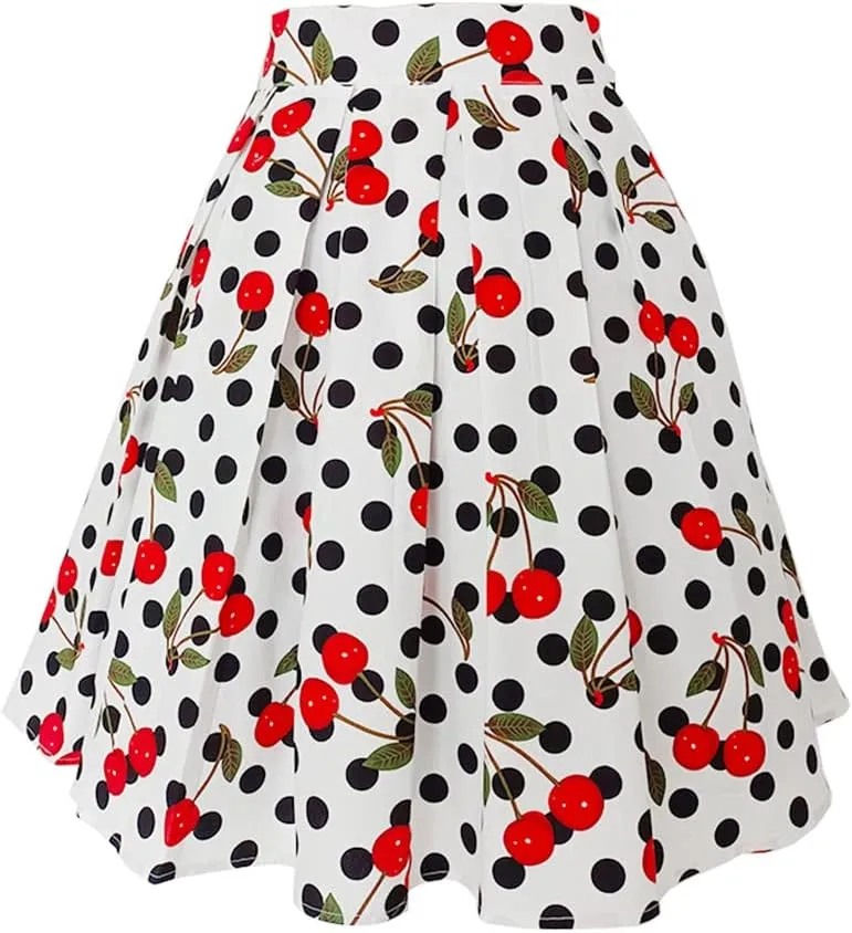 Women Gothic Floral Printed Pleated Skirt Summer High Waist Korean Harajuku Japanese Pinup Retro Vintage Midi Skirts White Cherry N S
