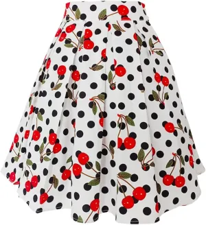 Women Gothic Floral Printed Pleated Skirt Summer High Waist Korean Harajuku Japanese Pinup Retro Vintage Midi Skirts White Cherry N S