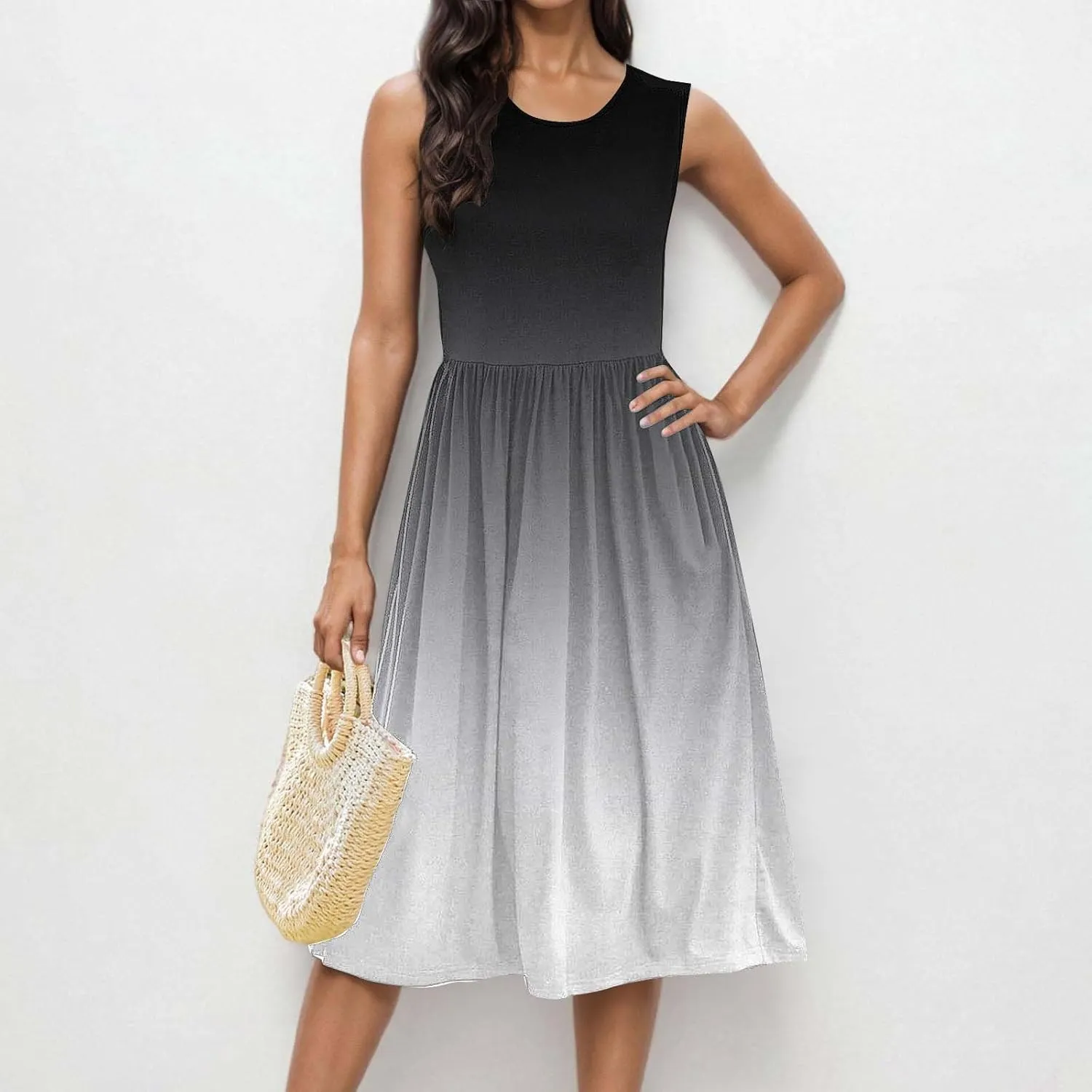 Women Gradient Tank A-Line Dresses Summer Sleeveless High Waist Midi Dress Casual Flowy Beach Sundress with Pockets