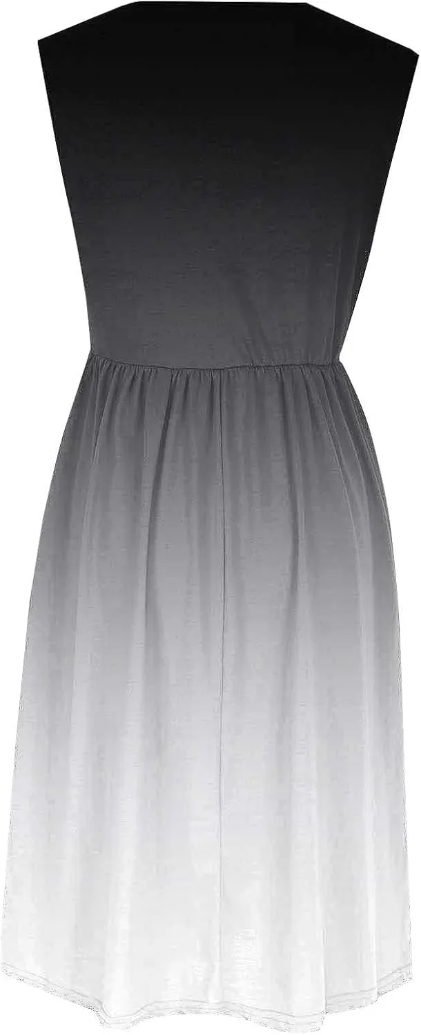 Women Gradient Tank A-Line Dresses Summer Sleeveless High Waist Midi Dress Casual Flowy Beach Sundress with Pockets