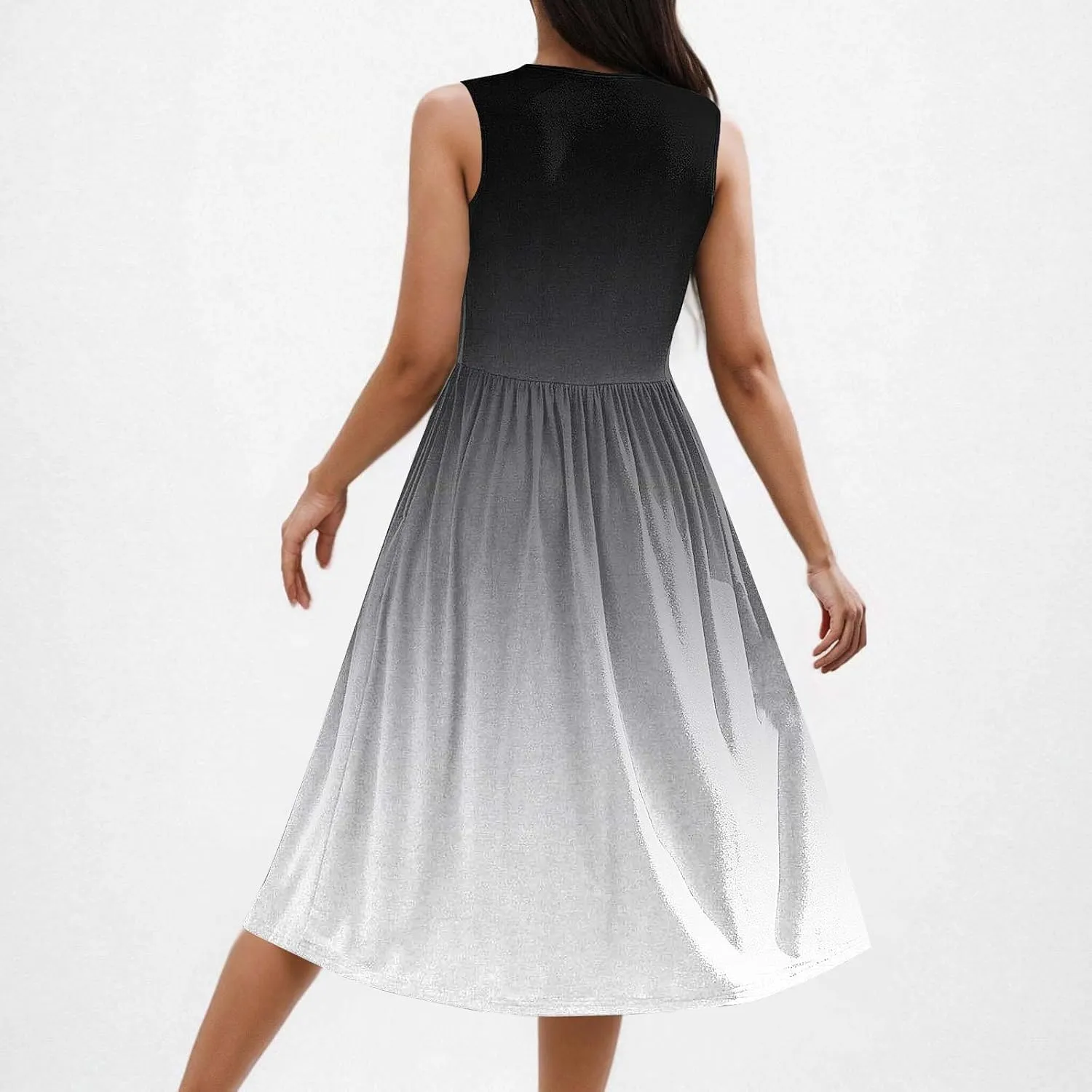 Women Gradient Tank A-Line Dresses Summer Sleeveless High Waist Midi Dress Casual Flowy Beach Sundress with Pockets