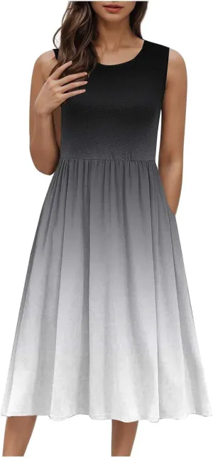 Women Gradient Tank A-Line Dresses Summer Sleeveless High Waist Midi Dress Casual Flowy Beach Sundress with Pockets