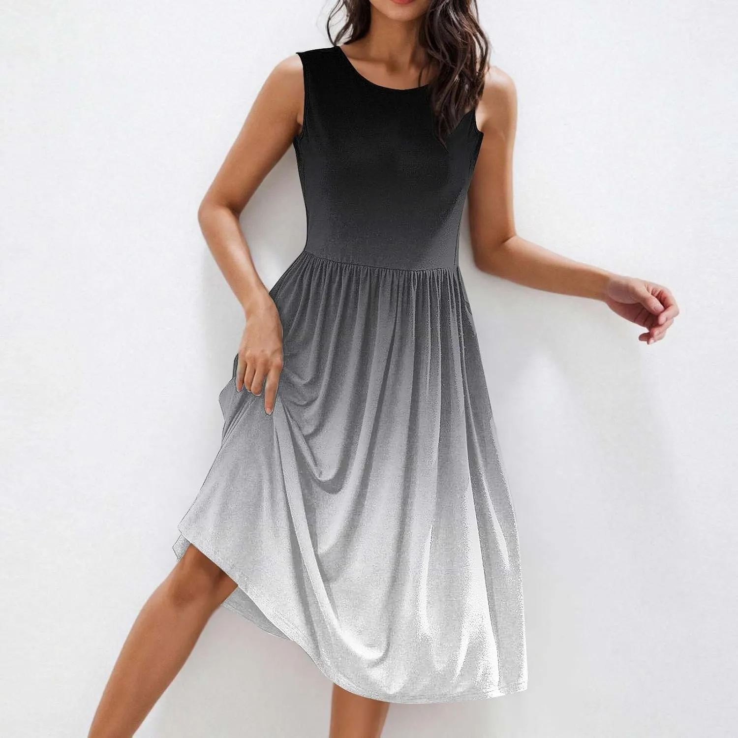 Women Gradient Tank A-Line Dresses Summer Sleeveless High Waist Midi Dress Casual Flowy Beach Sundress with Pockets