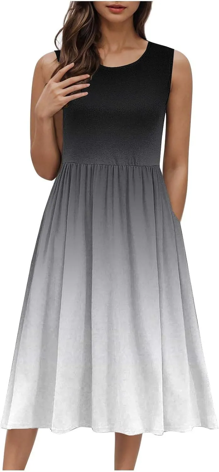 Women Gradient Tank A-Line Dresses Summer Sleeveless High Waist Midi Dress Casual Flowy Beach Sundress with Pockets