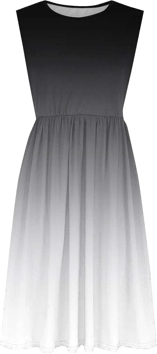 Women Gradient Tank A-Line Dresses Summer Sleeveless High Waist Midi Dress Casual Flowy Beach Sundress with Pockets