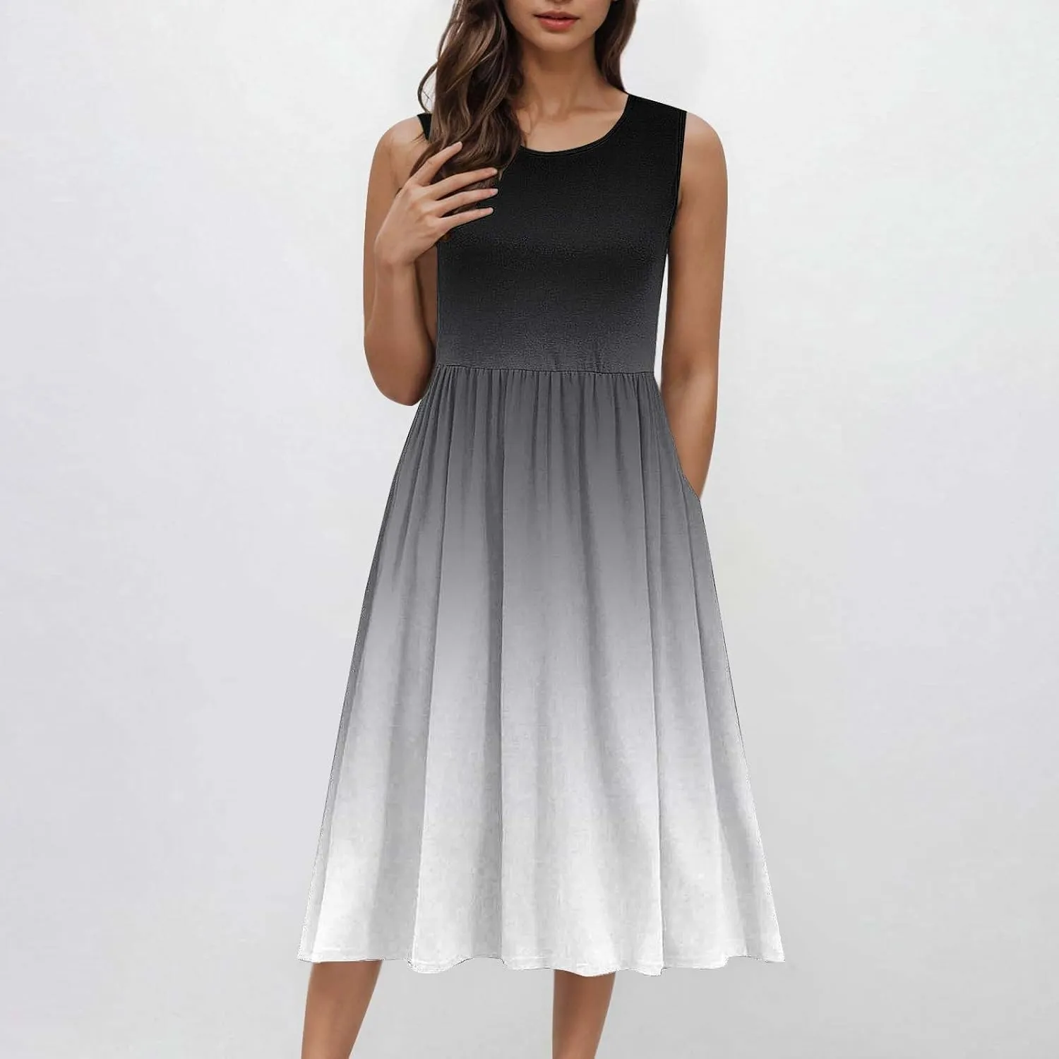 Women Gradient Tank A-Line Dresses Summer Sleeveless High Waist Midi Dress Casual Flowy Beach Sundress with Pockets