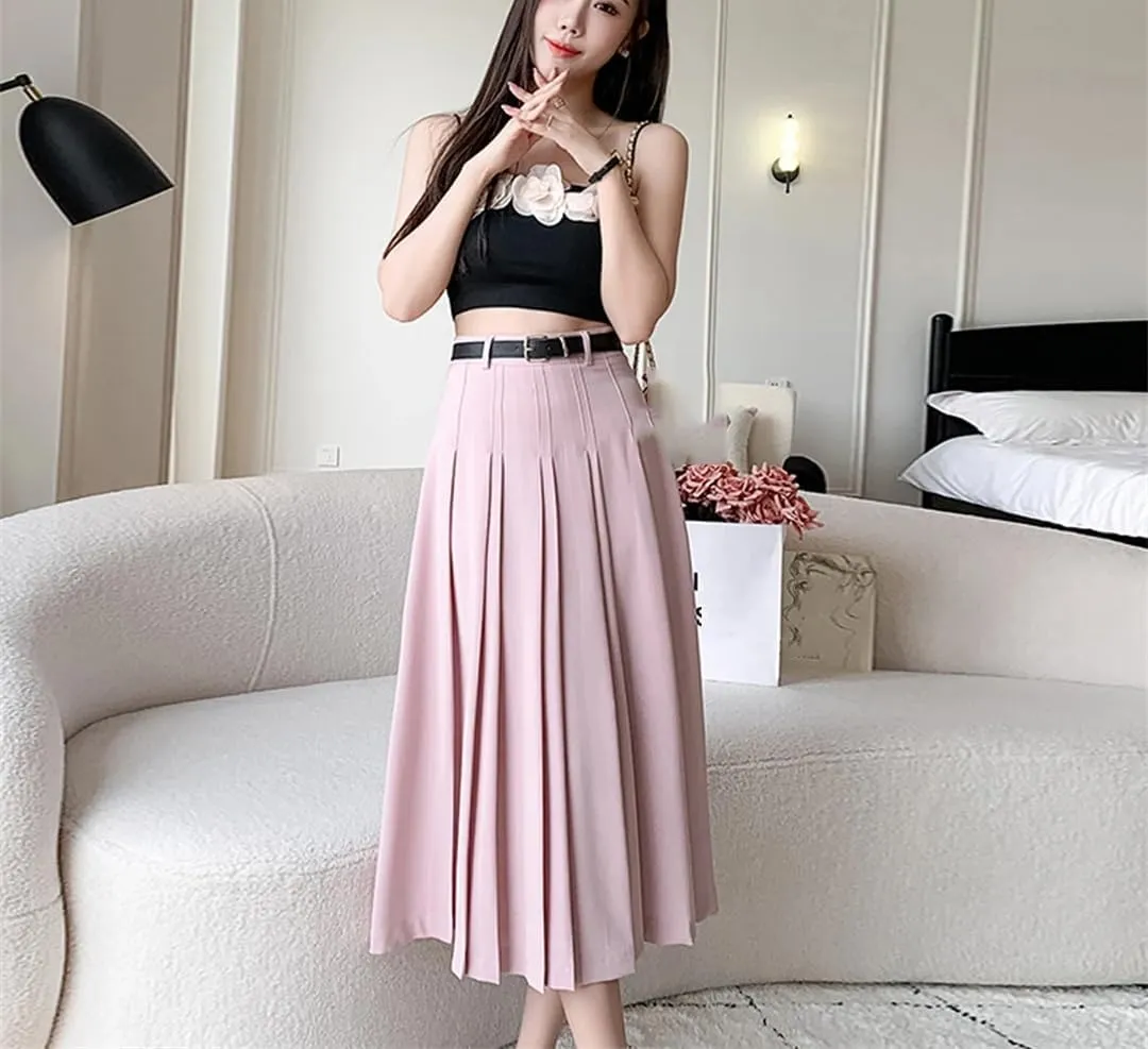 Women High Waist Pleated A-Line Skirts Long Skirt Vintage Draped Skirts