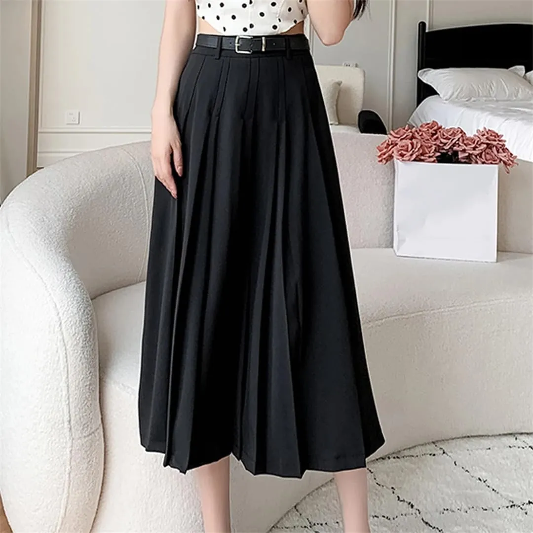 Women High Waist Pleated A-Line Skirts Long Skirt Vintage Draped Skirts