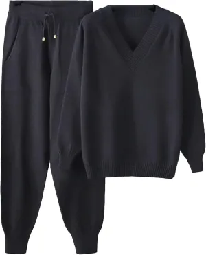 Women Knitted Sport Suits 2-Piece Drawstring Jogging Harem Pants V Neck Pullover Sweater Set