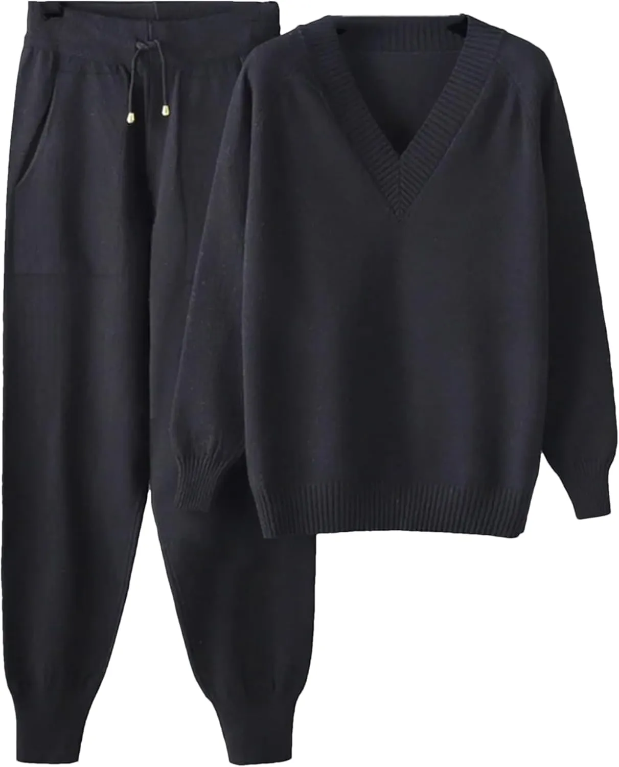 Women Knitted Sport Suits 2-Piece Drawstring Jogging Harem Pants V Neck Pullover Sweater Set