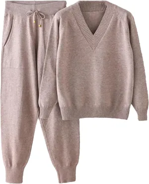 Women Knitted Sport Suits 2-Piece Drawstring Jogging Harem Pants V Neck Pullover Sweater Set
