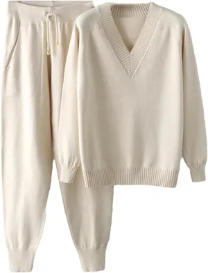 Women Knitted Sport Suits 2-Piece Drawstring Jogging Harem Pants V Neck Pullover Sweater Set