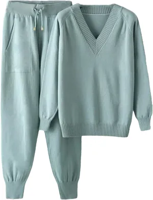 Women Knitted Sport Suits 2-Piece Drawstring Jogging Harem Pants V Neck Pullover Sweater Set