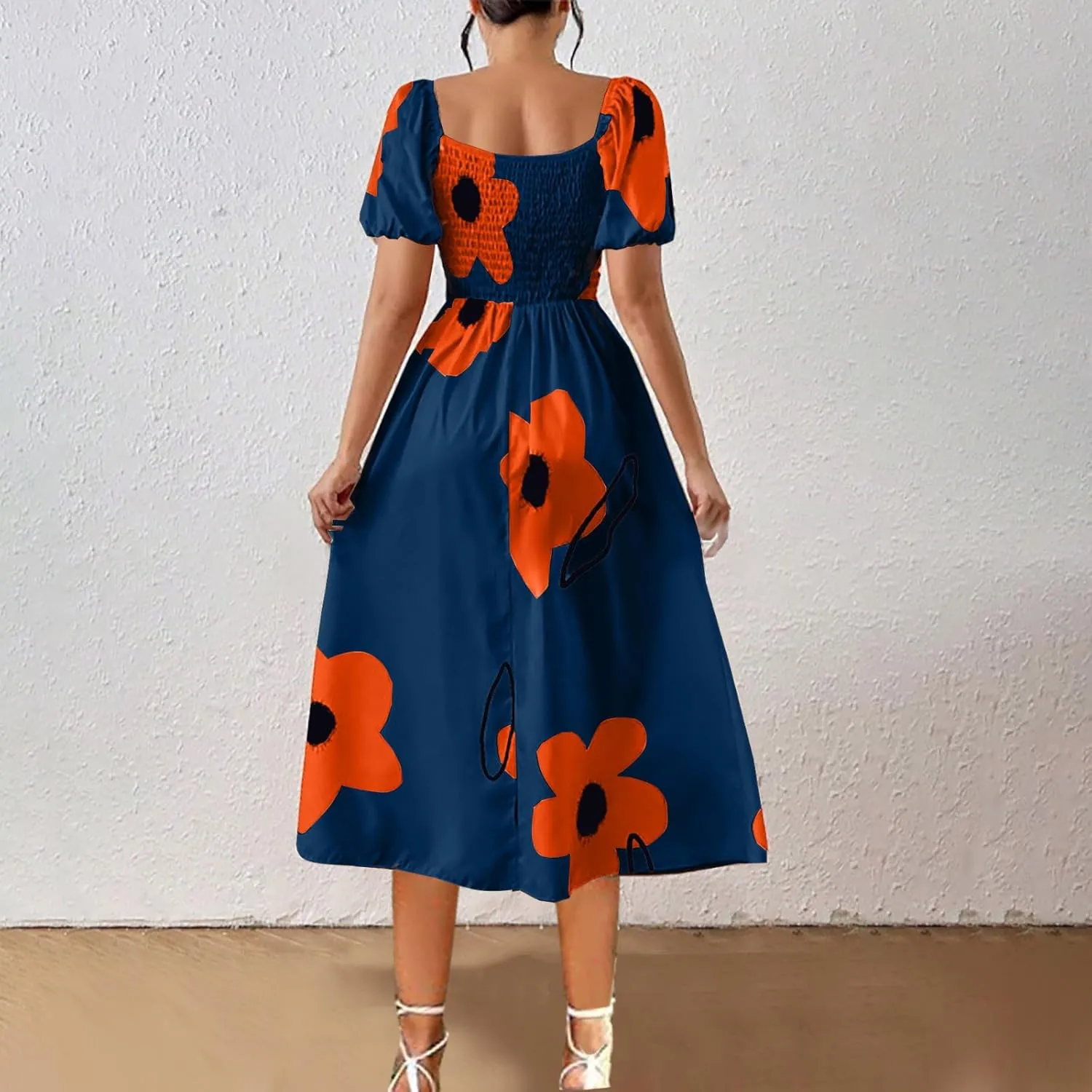 Women Off Shoulder A-Line Dresses Summer Cute Flower Print Puff Short Sleeve High Waist Dress Split Hem Midi Dress